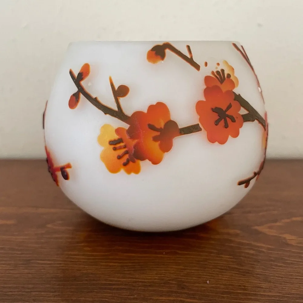 vtg Emile Galle Style Votive Candle Holder Cut Cameo Glass Cherry Blossoms